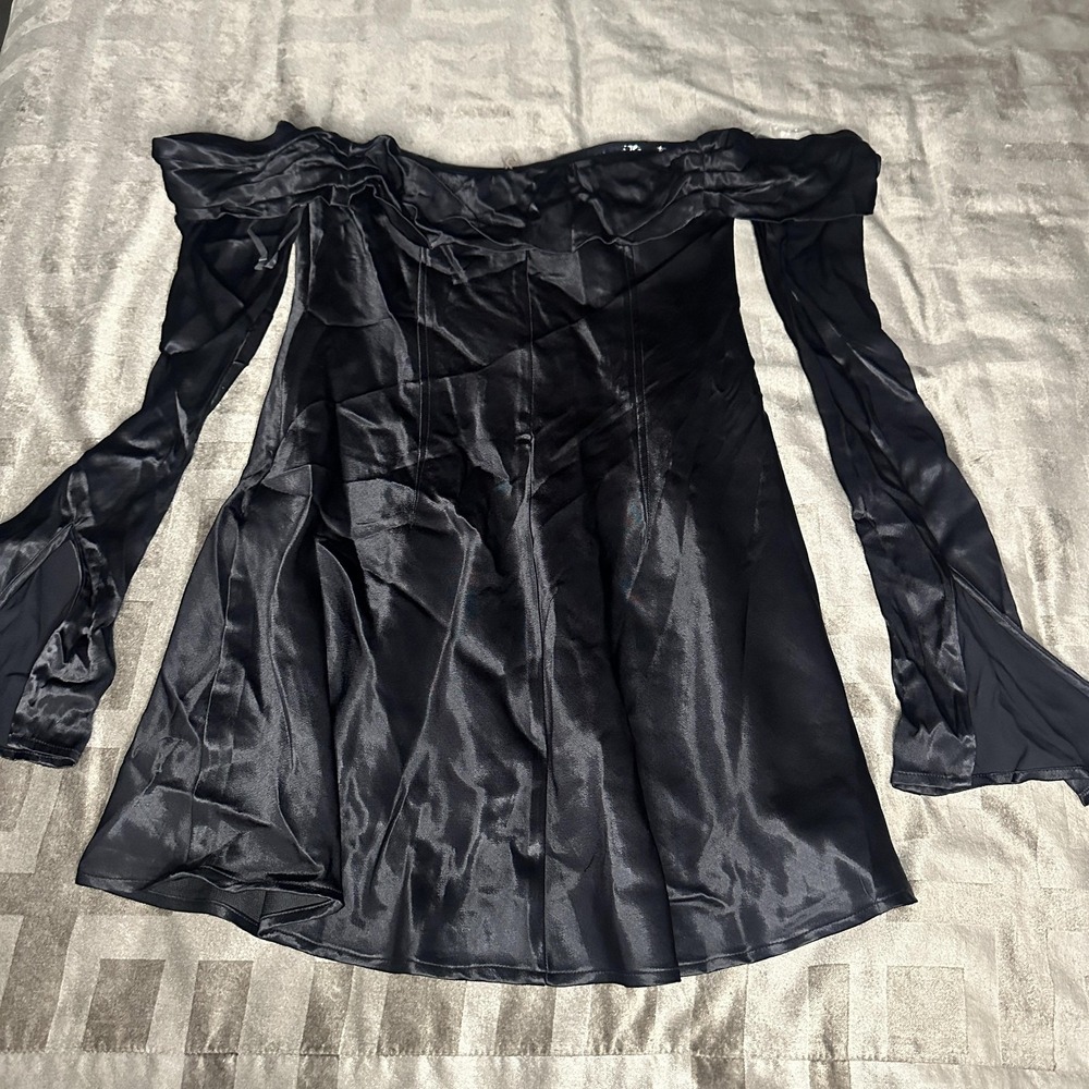 Meshki Black Satin Off-Shoulder Mini Dress - Picture 2 of 15